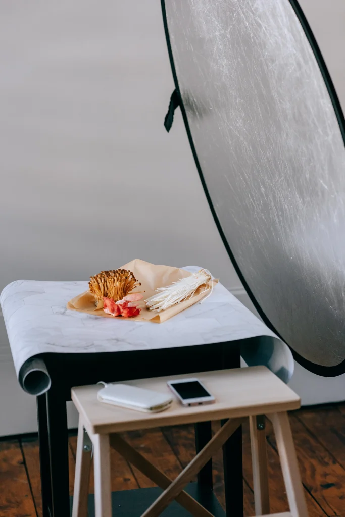 A reflector set up at a product photography location 