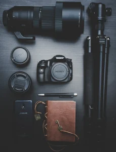A image of set of equipment and accessories for hiking photography