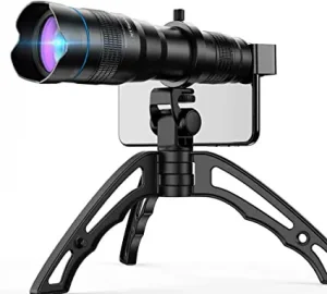 A image of a phone with a telephoto lens and a tripod