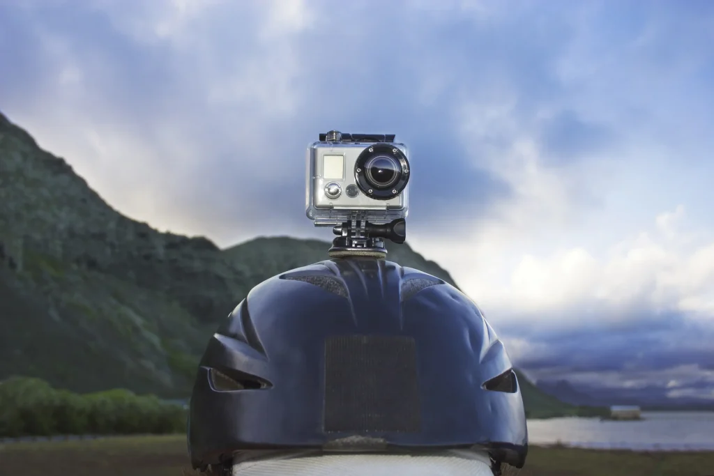 Close-up shot of a helmet with action camera