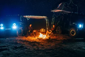 A photograph of a Night camp photo with a campfire