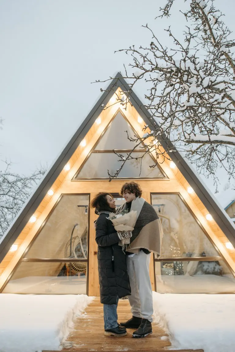 A couples' pre-wedding moment at a ski resort