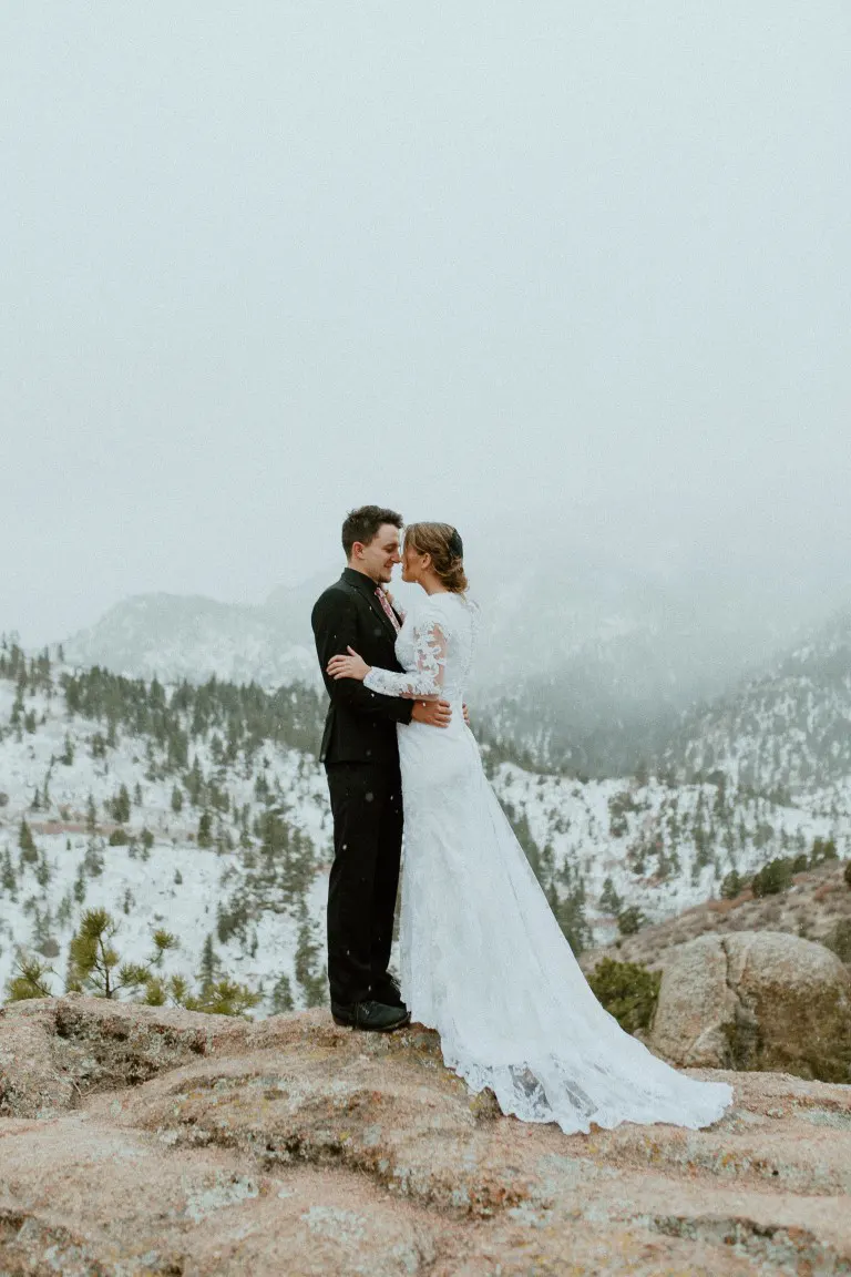 Wedding elopement at a snowy mountain