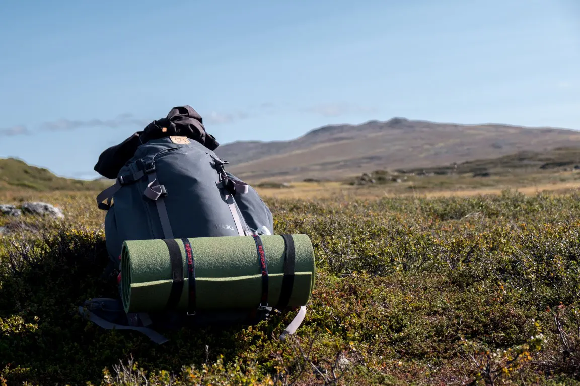 A camera backpack for hiking on a green grass field