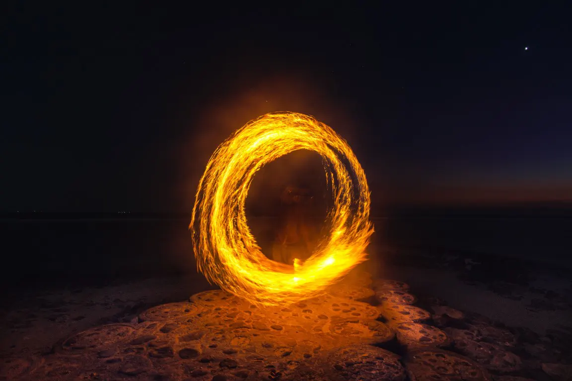 Long exposure fire photograph was taken when a guy performing a fire dance